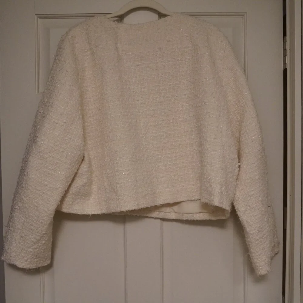 Cream Textured Bouclé Cropped Lady Jacket XXL White Sparkle Button Front - Picture 3 of 5